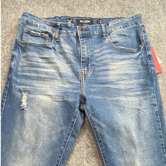 MBX Denim Jeans Mens W34 L30 Classic Fit Slim Straight Leg Distressed Whiskers - Picture 5 of 15